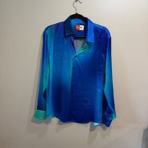 BruceGlen Mens Blue Teal Ombre Silk Blend Satin Button Down Shirt Large As Is